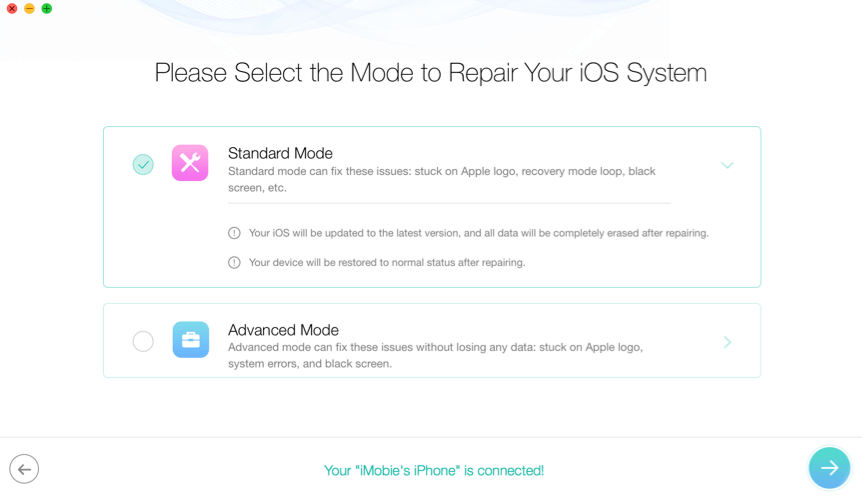 Select the Standard Mode to Repair iOS System
