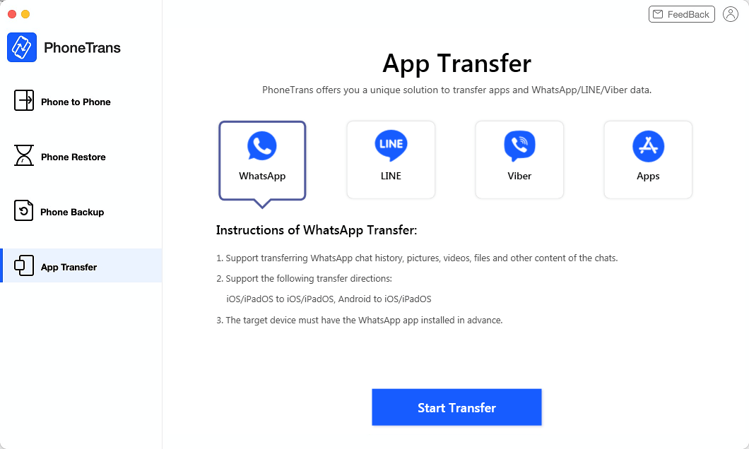 Click on WhatsApp and Start Transfer on PhoneTrans