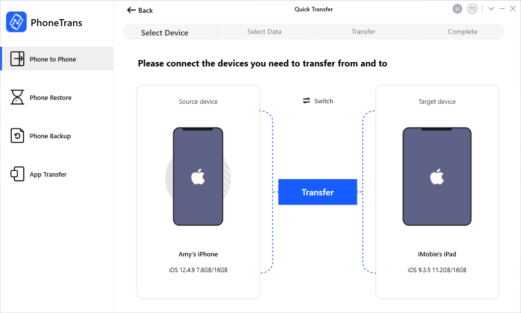 Select iPhone Source Device and iPad Target Device