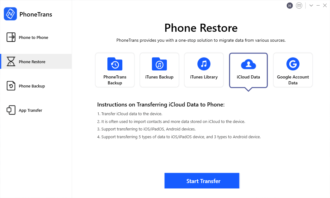 Choose the iCloud Data Icon under the Phone Restore Option
