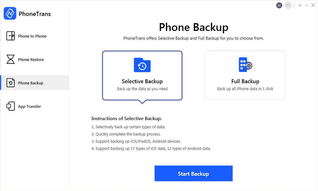 Choose Phone Backup and Selective Backup on PhoneTrans