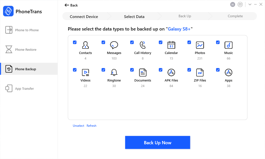 Choose Data You Want to Backup from Samsung