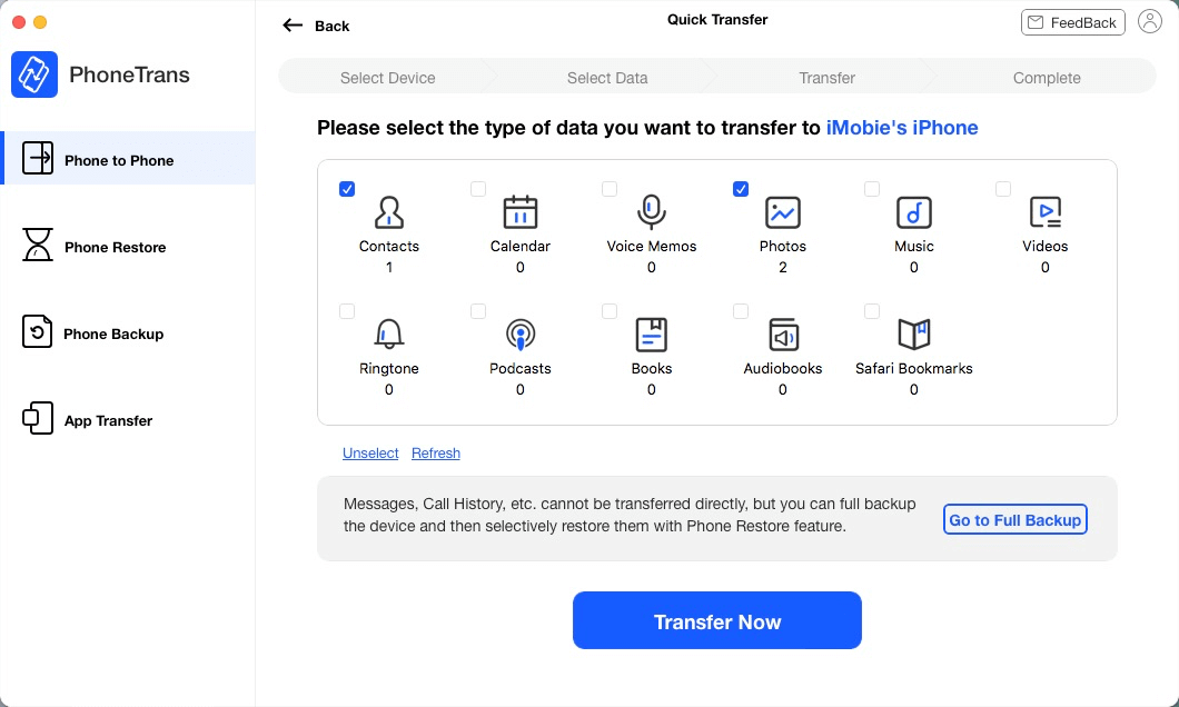 Click on Transfer Now to Go on Transfer on PhoneTrans