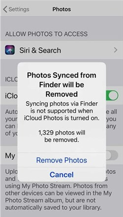 Photos Synced from Finder will be Removed