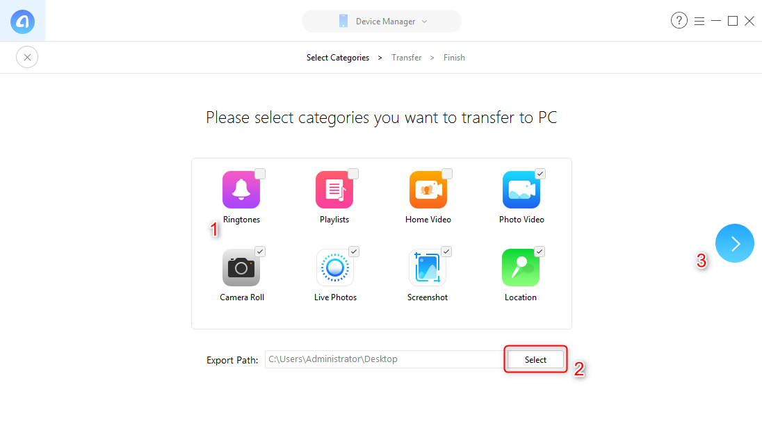 Choose the type of content to transfer to computer