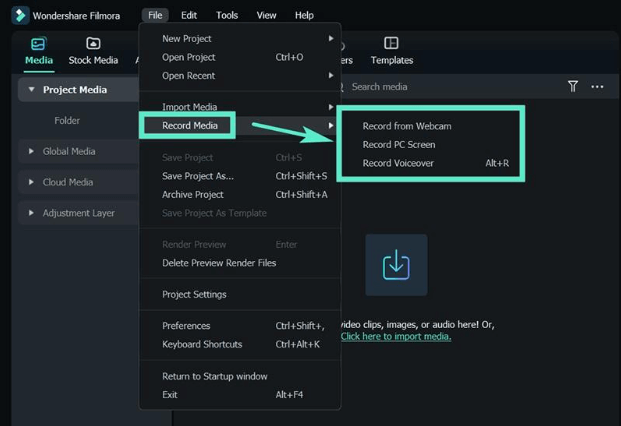Record Media in Filmora 