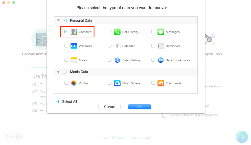 How to Recover Deleted Contacts on iPhone without Backup - Step 2
