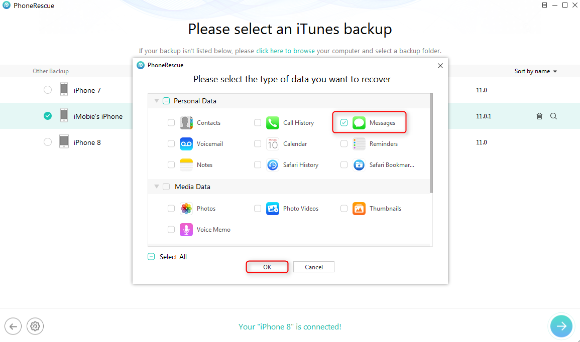 How to Recover Deleted iMessages on iPhone 8 (Plus)/X with iTunes Backup - Step 4