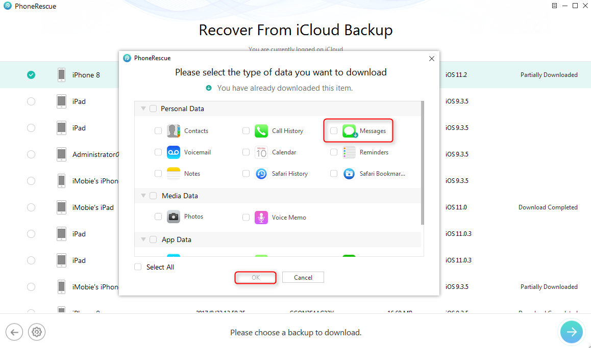 How to Recover Deleted iMessages on iPhone 8 (Plus)/X with iCloud Backup - Step 3