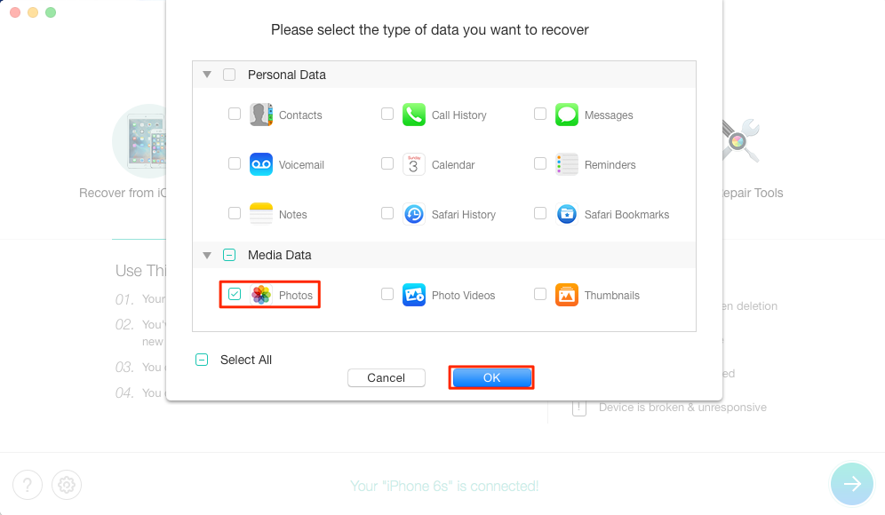 How to Recover Deleted Photos on iPhone 6/6s (Plus) – Step 3