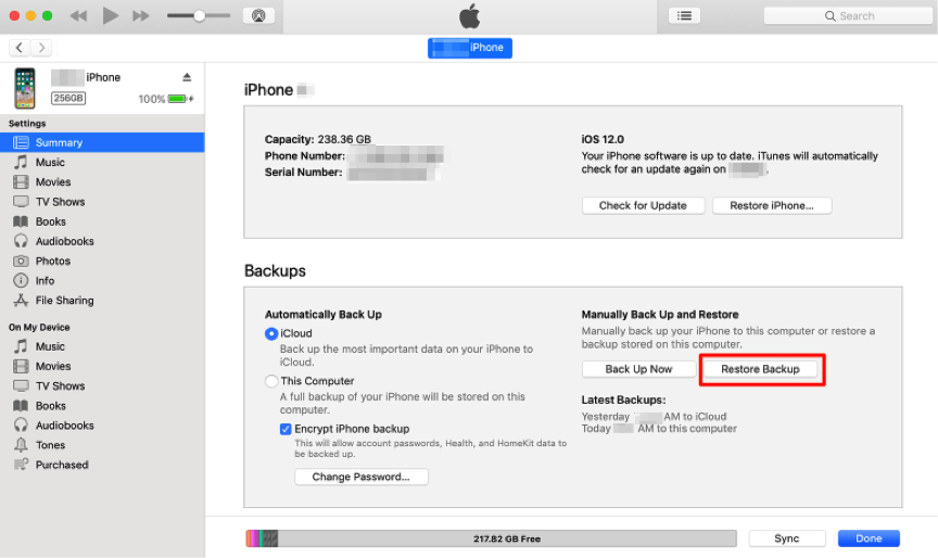 How to Recover Deleted Videos from iPhone XS with iTunes Backup – Step 2