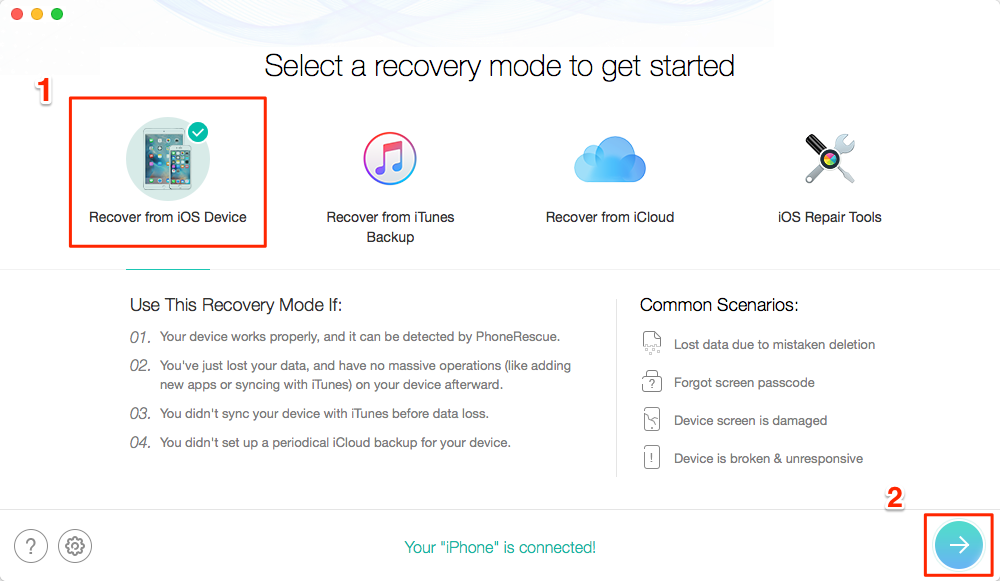 Recover Deleted Videos from iOS with PhoneRescue - Step 1