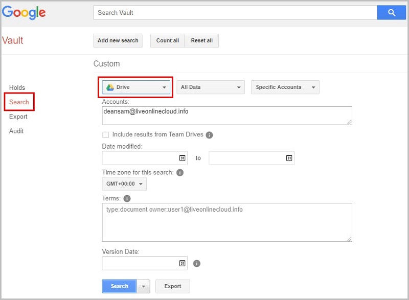 Enter the user's Email ID on Google Vault