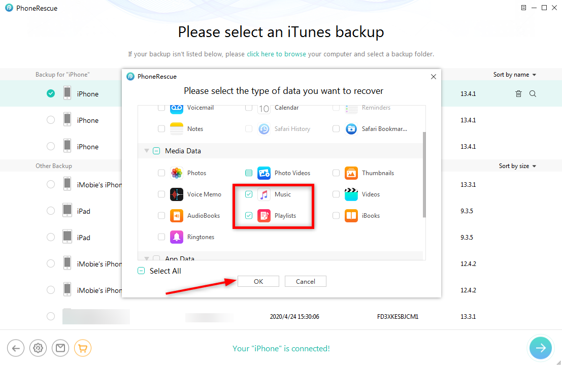 Get Back Songs Deleted from iTunes Library with PhoneRescue– Step 2