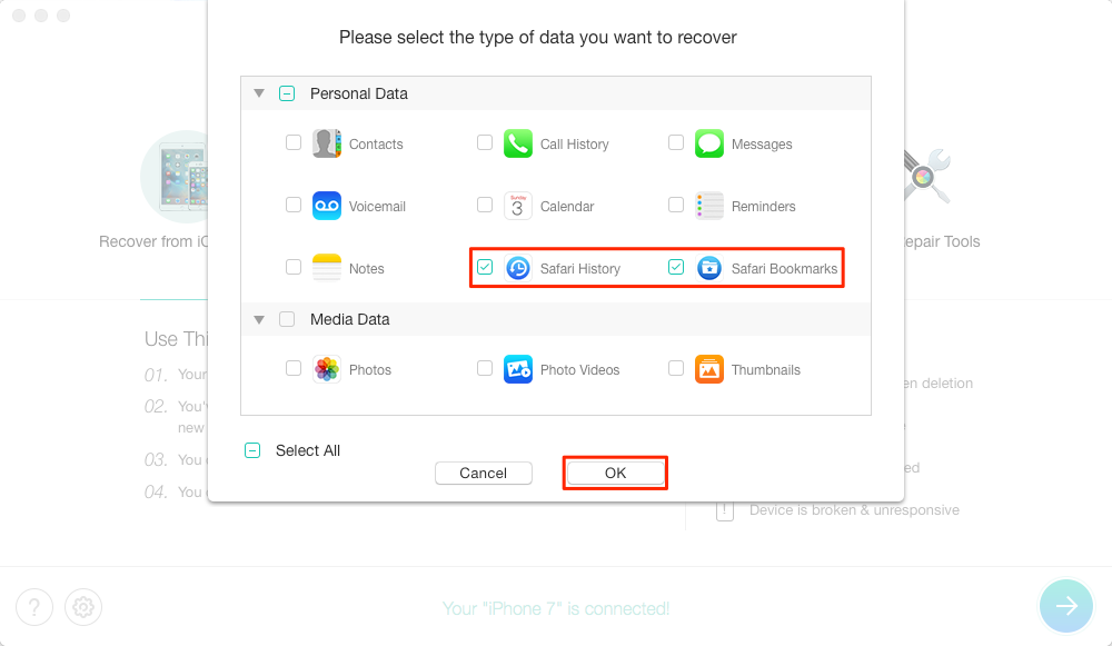 Retrieve Lost Safari History & Bookmarks after iOS 11 Update – Step 2
