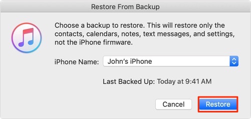 restaurați iPhone-ul cu Backup iTunes pentru a recupera mesajele Text După resetarea din fabrică 