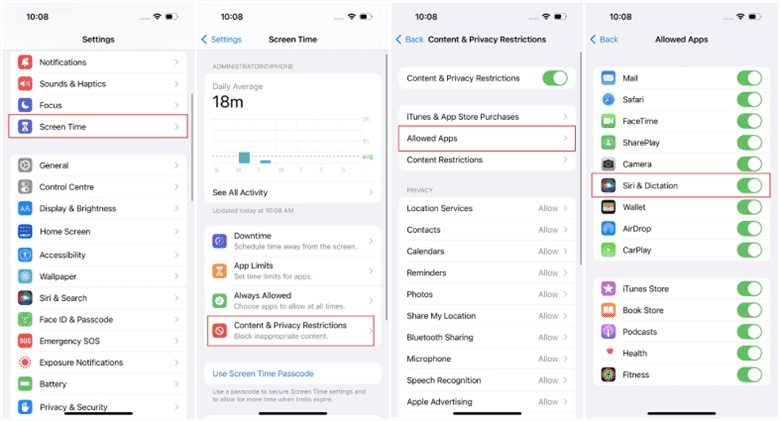 Remove Screen Time Restrictions for Siri & Dictation