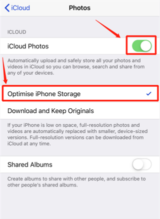 Turn on iCloud Photos in the iPhone Settings