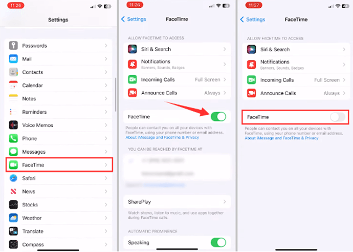 Restart Facetime in Settings
