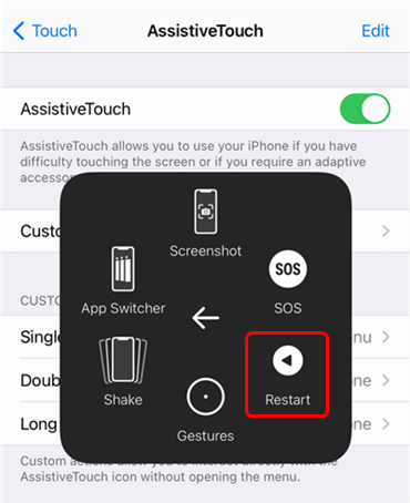 Tap Restart Button from Assistive Touch Menu