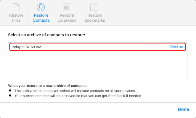 Select a Contacts Archive to Restore