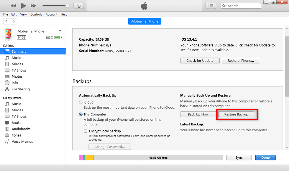 Click Restore Backup from iTunes