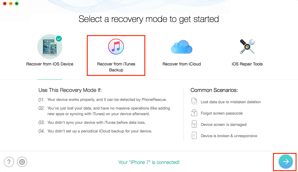 How to Selectively Restore iPhone/iPad with PhoneRescue -Step 1