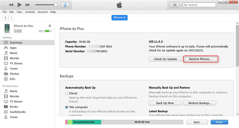 Restore the iPhone with iTunes