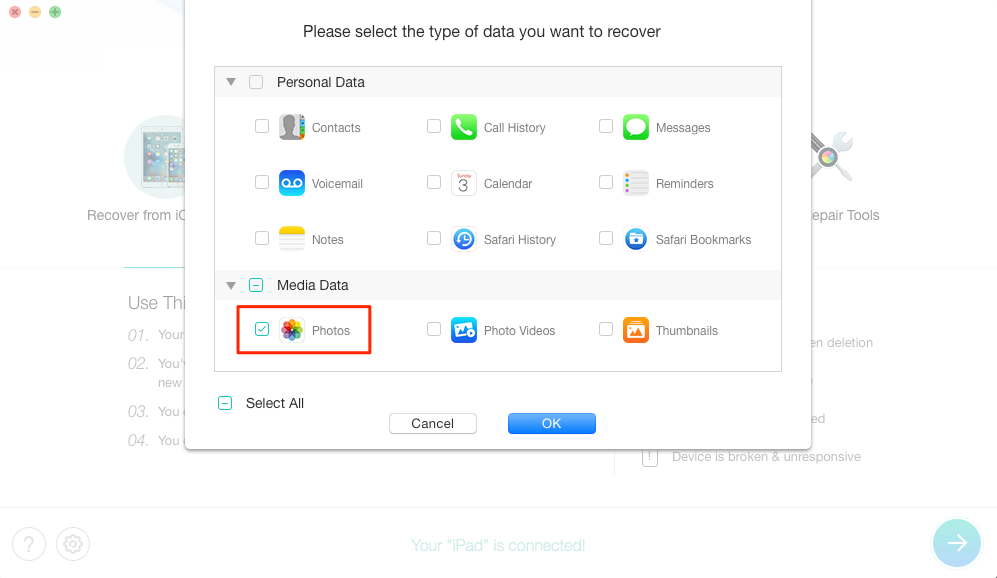 How to Recover Deleted Photos from iPad Air/iPad mini – Step 2