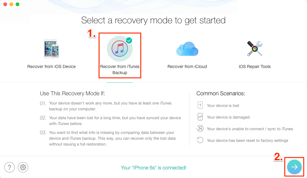 Recover Deleted Text Messages from iTunes Backup with PhoneRescue – Step 2