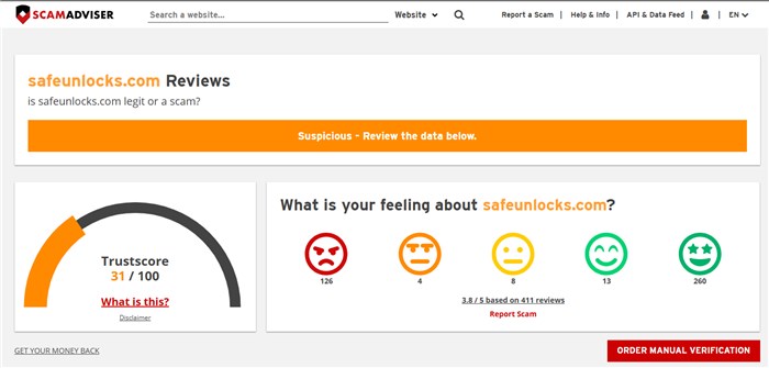 SafeUnlocks Trustscore in Scamadviser