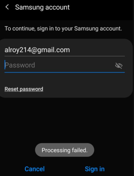 Samsung Account Processing Failed