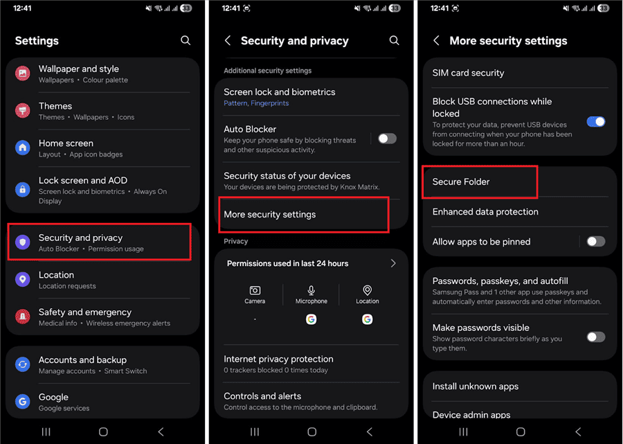 Samsung Secure Folder in Settings