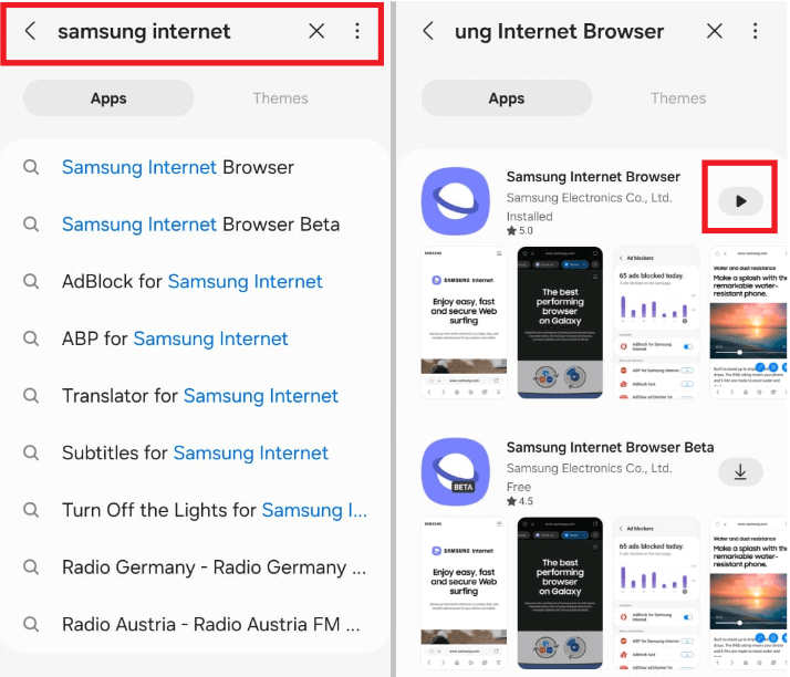 Search and Open Samsung Internet