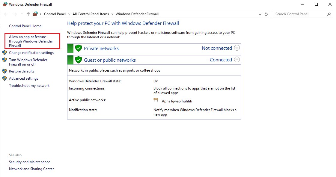 Select Allow App or Features Through Windows Defender Firewall