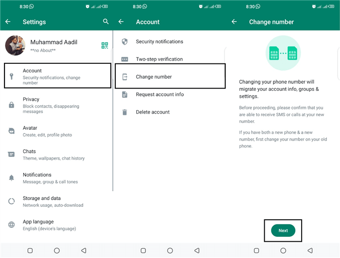 Select Change Number from the Account Settings