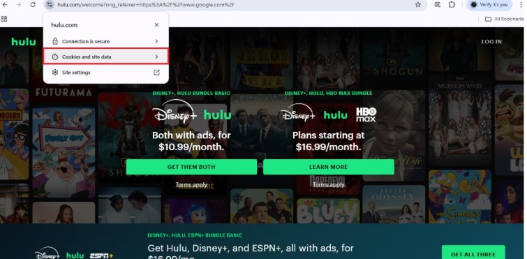 Select Cookies and Site Data