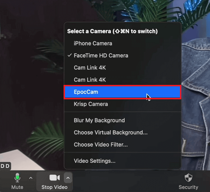 Select EpocCam as a camera source