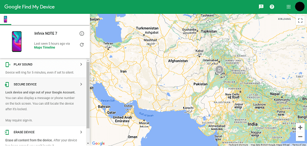 Select "Erase Device" after Google Find My Device locates the Android phone