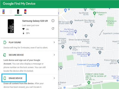 Select Erase Device on Google Find My Device