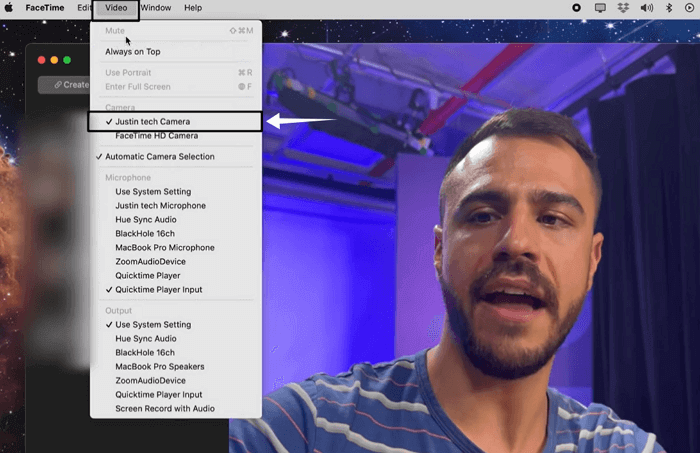 Selecting the iPhone camera in FaceTime on Mac