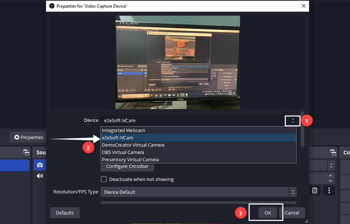 Selecting the iPhone Webcam App as the video source in OBS