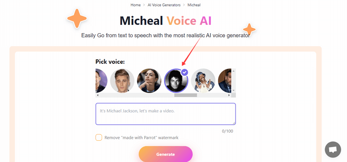 Select Michael Jackson from Parrot AI