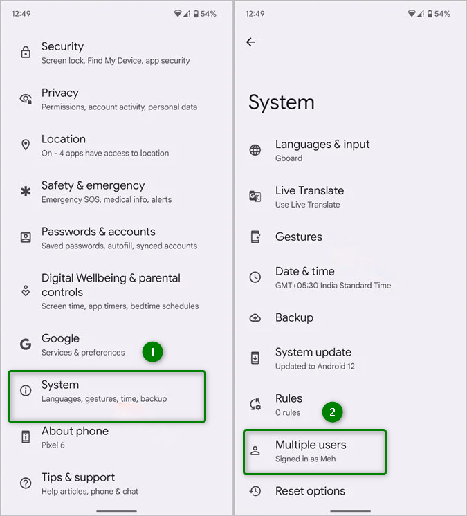 The System > Multiple users screen used in the pixel 7a frp bypass multi-user exploit