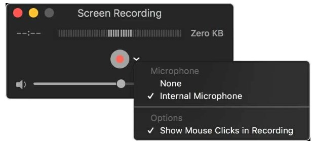 select the internal microphone in the quicktime player 