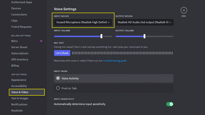 Select Vozard as the Input Device in Discord
