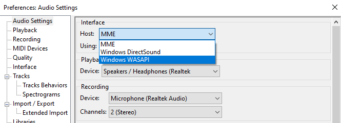 Select Windows WASAPI