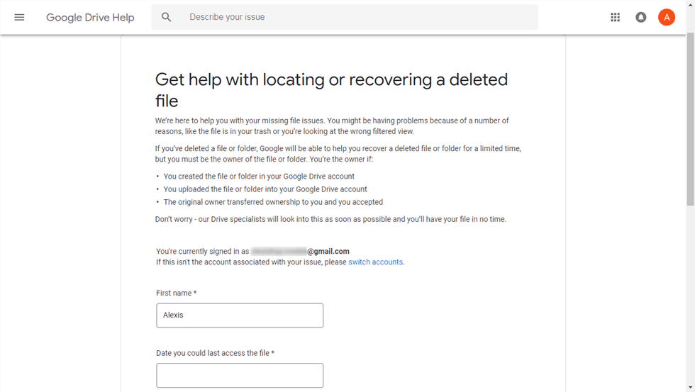 Submit Recovering Request to Google Drive