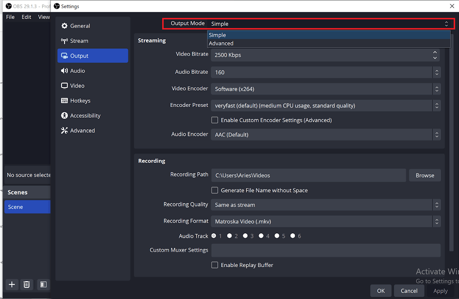 Launch OBS Settings and Set Output Mode as Simple
