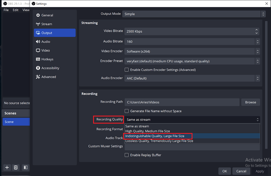 Change OBS Recording Quality Setting
